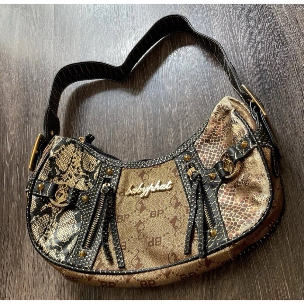 Vintage Baby Phat Snake Skin Shoulder Hand Bag Gold Black White Stones NWT RARE